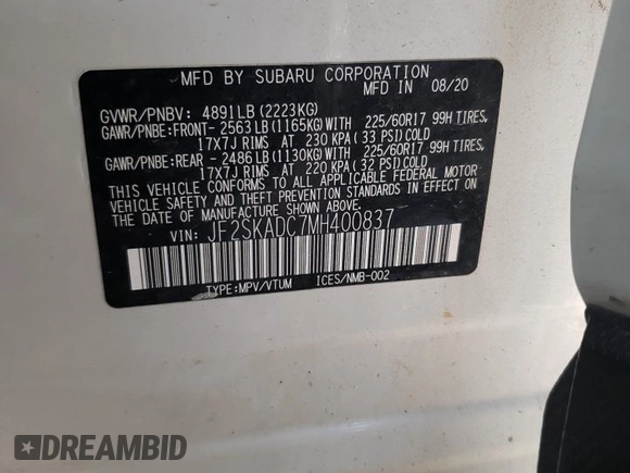 2021 Subaru Forester with VIN JF2SKADC7MH400837, listed as a Copart auction lot 54506805 with 150,809 mi miles and Salvage title. Bid and sale history available at DreamBid. Image 13.