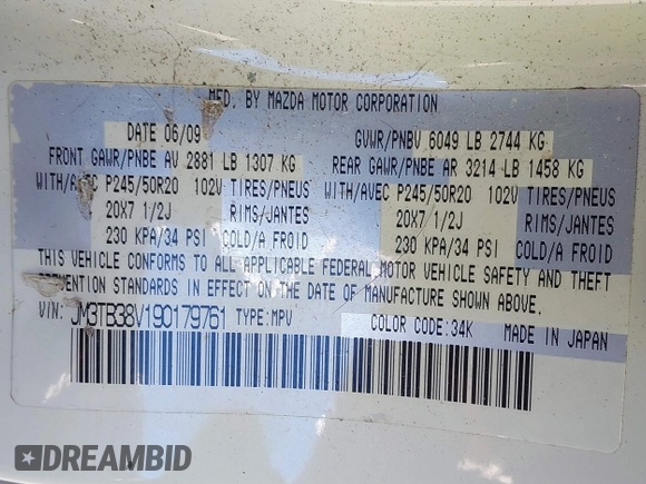 2009 Mazda CX-9 Touring with VIN JM3TB38V190179761, listed as a IAAI auction lot 41802417 with 167,199 mi miles. Bid and sale history available at carsss.com. Image 9.