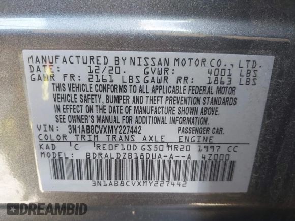 2021 Nissan Sentra SV with VIN 3N1AB8CVXMY227442, listed as a IAAI auction lot 41905591 with 18,090 mi miles. Bid and sale history available at carsss.com. Image 9.