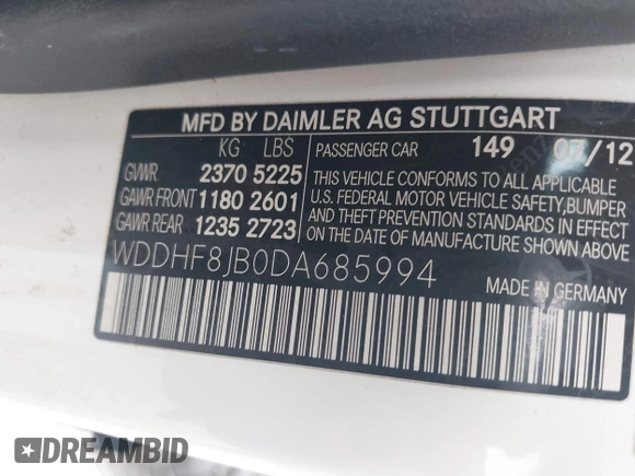 2013 Mercedes-Benz E 350 Luxury with VIN WDDHF8JB0DA685994, listed as a IAAI auction lot 42660807 with 180,807 mi miles and . Bid and sale history available at DreamBid. Image 9.