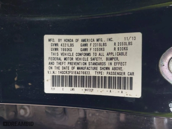 2014 Honda Accord Sedan Sport with VIN 1HGCR2F51EA076833, listed as a IAAI auction lot 41936015 with 153,130 mi miles. Bid and sale history available at carsss.com. Image 9.