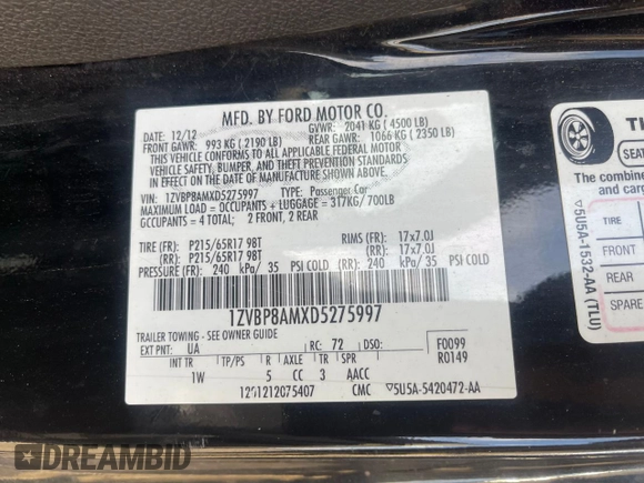 2013 Ford Mustang V6 with VIN 1ZVBP8AMXD5275997, listed as a Copart auction lot 80135514 with 184,765 mi miles and Clean Title. Bid and sale history available at carsss.com. Image 10.