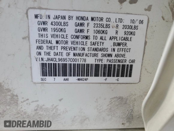 2007 Acura TSX Navi with VIN JH4CL96957C001778, listed as a Copart auction lot 57298815 with 484,754 mi miles and Salvage title. Bid and sale history available at DreamBid. Image 12.