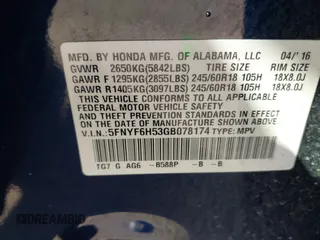 2016 Honda Pilot EX-L with VIN 5FNYF6H53GB078174, listed as a IAAI auction lot 42053669 with 94,259 mi miles and . Bid and sale history available at DreamBid. Image 9.