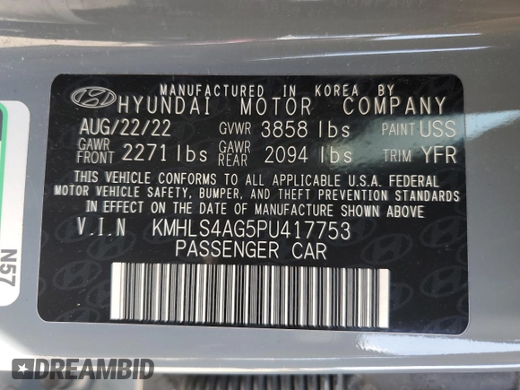2023 Hyundai Elantra SEL с VIN KMHLS4AG5PU417753, выставлен на аукционе Copart как лот 53434915 с пробегом 15 147 миль миль и Списание • Salvage title. История ставок и продаж доступна на DreamBid. Изображение 12.