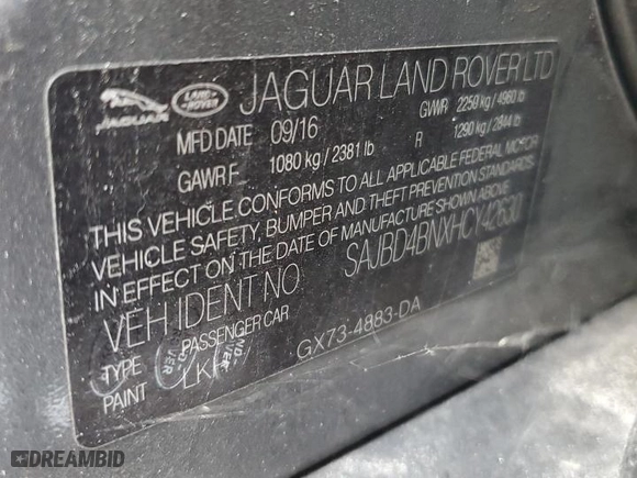 2017 Jaguar XF 20d Premium with VIN SAJBD4BNXHCY42630, listed as a Copart auction lot 67683864 with 78,463 mi miles and Clean Title. Bid and sale history available at carsss.com. Image 12.