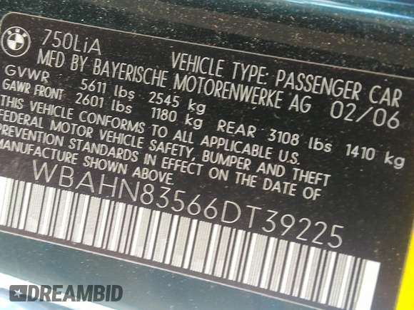 2006 BMW 7 Series 750Li with VIN WBAHN83566DT39225, listed as a IAAI auction lot 42034604 with 191,085 mi miles. Bid and sale history available at carsss.com. Image 9.