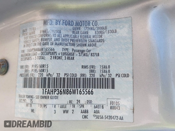 2006 Ford Focus SE with VIN 1FAHP36N86W165566, listed as a IAAI auction lot 42049681 with 116,061 mi miles and . Bid and sale history available at carsss.com. Image 9.