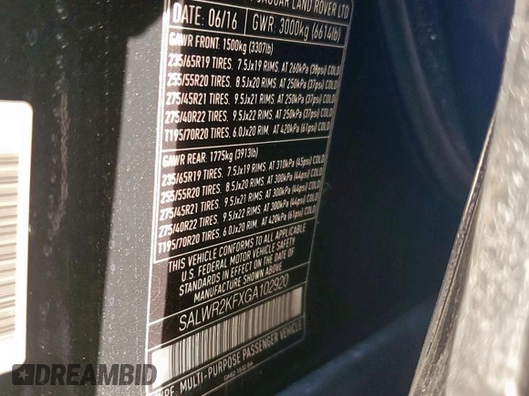 2016 Land Rover Range Rover Sport HSE with VIN SALWR2KFXGA102920, listed as a Copart auction lot 49410245 with Not provided miles and Clean title. Bid and sale history available at DreamBid. Image 13.