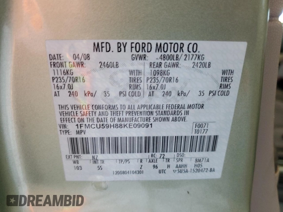 2008 Ford Escape Hybrid with VIN 1FMCU59H88KE09091, listed as a Copart auction lot 62416815 with 224,614 mi miles and Salvage title. Bid and sale history available at DreamBid. Image 13.
