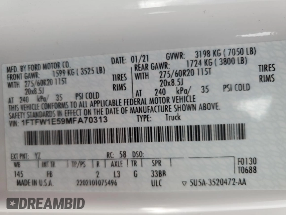 2021 Ford F-150 XL with VIN 1FTFW1E59MFA70313, listed as a Copart auction lot 60793215 with 52,387 mi miles and Salvage title. Bid and sale history available at DreamBid. Image 13.