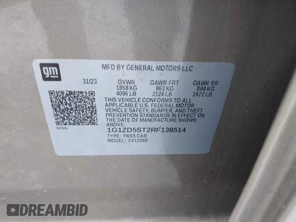 2024 Chevrolet Malibu LT with VIN 1G1ZD5ST2RF138514, listed as a IAAI auction lot 42191535 with 34,048 mi miles and . Bid and sale history available at DreamBid. Image 9.