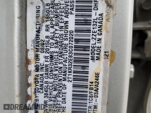 2003 Toyota Matrix Std with VIN 2T1KR32E83C072020, listed as a Copart auction lot 55698085 with 293,087 mi miles and Salvage Title. Bid and sale history available at DreamBid. Image 13.