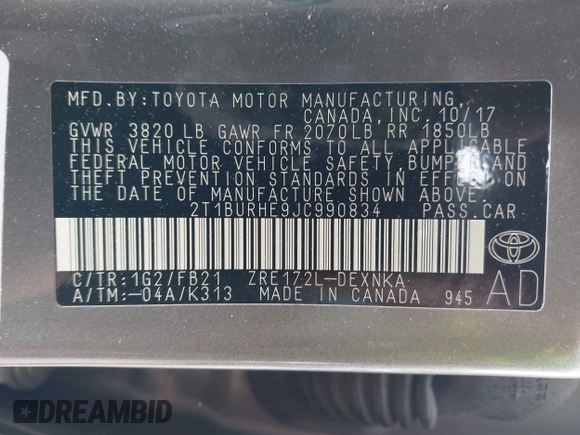 2018 Toyota Corolla L with VIN 2T1BURHE9JC990834, listed as a IAAI auction lot 42583027 with 217,143 mi miles and . Bid and sale history available at DreamBid. Image 9.