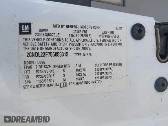 2005 Chevrolet Equinox LS with VIN 2CNDL23F756058315, listed as a IAAI auction lot 40744047 with 103,387 mi miles. Bid and sale history available at carsss.com. Image 9.