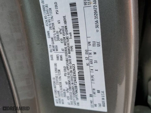 2019 Ford Super Duty F-250 SRW XL with VIN 1FT7W2BT2KEE82623, listed as a Copart auction lot 44778495 with 47,970 mi miles and Salvage Title. Bid and sale history available at carsss.com. Image 12.