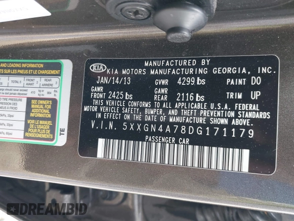 2013 Kia Optima EX with VIN 5XXGN4A78DG171179, listed as a IAAI auction lot 40747508 with Not Provided miles and . Bid and sale history available at carsss.com. Image 9.