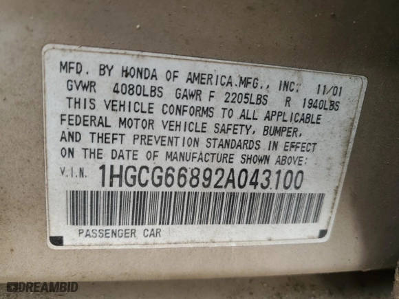 2002 Honda Accord Sdn SE with VIN 1HGCG66892A043100, listed as a Copart auction lot 41735785 with 27,545 mi miles and Non Repairable. Bid and sale history available at carsss.com. Image 12.
