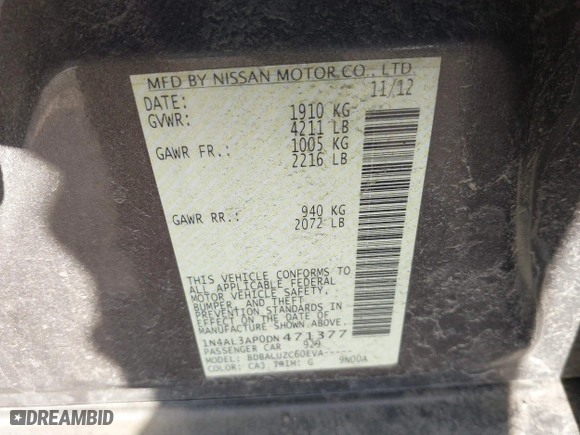 2013 Nissan Altima 2.5 SV with VIN 1N4AL3AP0DN471377, listed as a IAAI auction lot 41783096 with 105,664 mi miles. Bid and sale history available at carsss.com. Image 9.