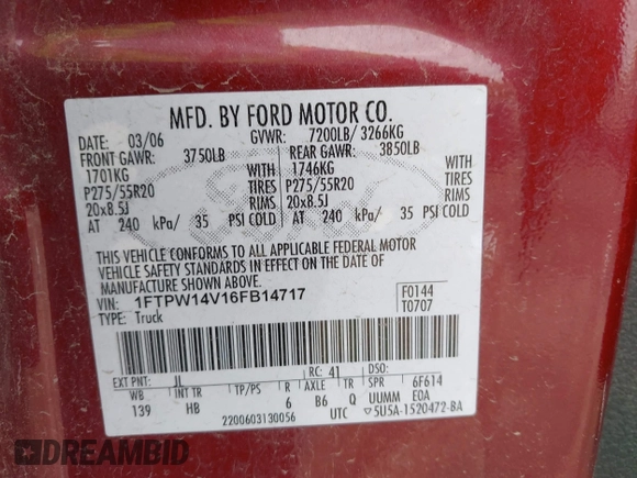 2006 Ford F-150 XLT with VIN 1FTPW14V16FB14717, listed as a IAAI auction lot 42195403 with 141,401 mi miles and . Bid and sale history available at carsss.com. Image 9.
