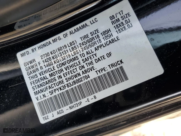 2018 Honda Ridgeline Black Edition with VIN 5FPYK3F83JB002704, listed as a Copart auction lot 45208825 with 90,103 mi miles and Salvage Title. Bid and sale history available at carsss.com. Image 14.