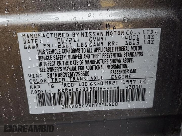 2021 Nissan Sentra SV с VIN 3N1AB8CV2MY296500, выставлен на аукционе Copart как лот 48473915 с пробегом 16 331 миль миль и Списание • Salvage title. История ставок и продаж доступна на DreamBid. Изображение 13.