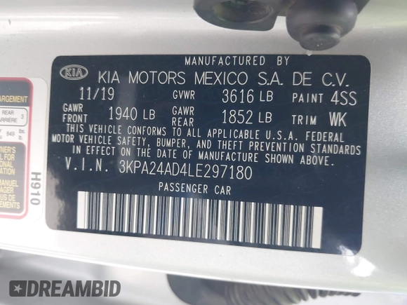 2020 Kia Rio LX with VIN 3KPA24AD4LE297180, listed as a IAAI auction lot 41498864 with 121,090 mi miles. Bid and sale history available at carsss.com. Image 9.