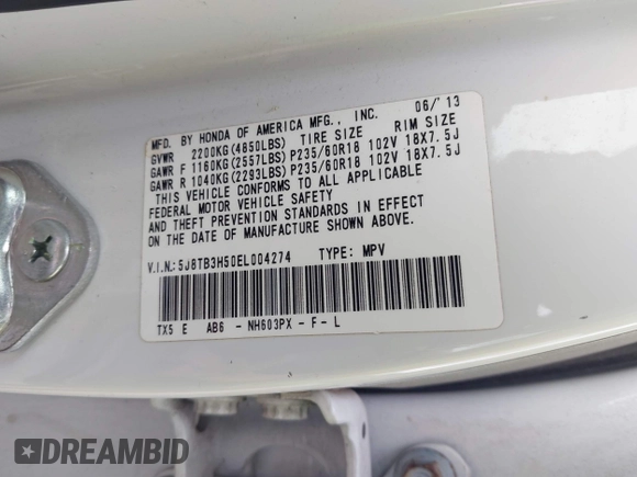 2014 Acura RDX Tech Pkg with VIN 5J8TB3H50EL004274, listed as a IAAI auction lot 41700055 with 163,318 mi miles. Bid and sale history available at carsss.com. Image 9.