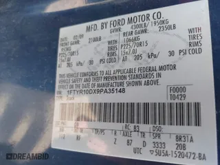 2009 Ford Ranger XL with VIN 1FTYR10DX9PA35148, listed as a IAAI auction lot 40006165 with 92,983 mi miles. Bid and sale history available at carsss.com. Image 9.