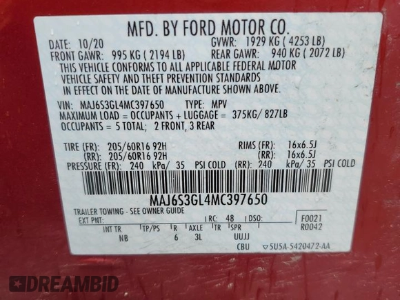 2021 Ford EcoSport SE z VIN MAJ6S3GL4MC397650, wystawiony jako Copart lot #55013075 z przebiegiem 35 714 mil mil oraz Szkoda całkowita • Salvage title. Historia ofert i sprzedaży dostępna na DreamBid. Obrazek 14.