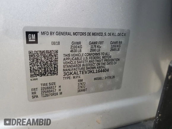 2019 GMC Terrain SLE z VIN 3GKALTEV3KL164404, wystawiony jako Copart lot #56165755 z przebiegiem 81 766 mil mil oraz Szkoda całkowita • Salvage title. Historia ofert i sprzedaży dostępna na DreamBid. Obrazek 13.