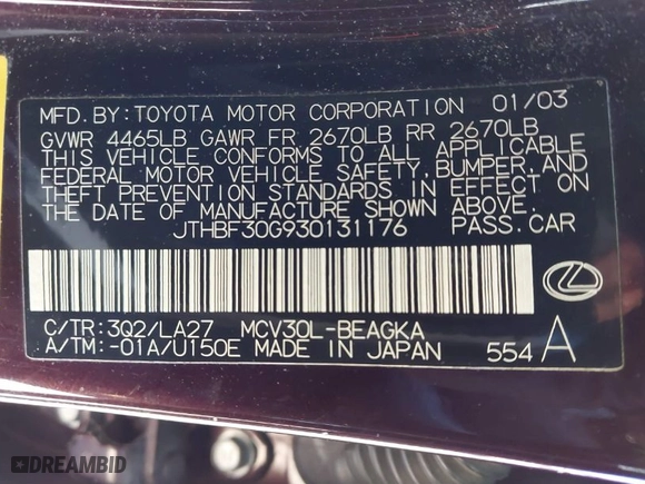 2003 Lexus ES 300 with VIN JTHBF30G930131176, listed as a IAAI auction lot 41846745 with 259,794 mi miles. Bid and sale history available at carsss.com. Image 9.