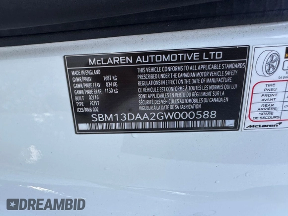 2016 McLaren 570S z VIN SBM13DAA2GW000588, wystawiony jako Copart lot #81412784 z przebiegiem 50 200 mil mil oraz Tytuł czysty. Historia ofert i sprzedaży dostępna na DreamBid. Obrazek 10.