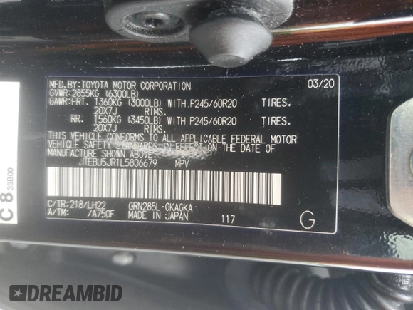 2020 Toyota 4Runner SR5 with VIN JTEBU5JR1L5806679, listed as a Copart auction lot 59961805 with 82,827 mi miles and Salvage title. Bid and sale history available at DreamBid. Image 14.