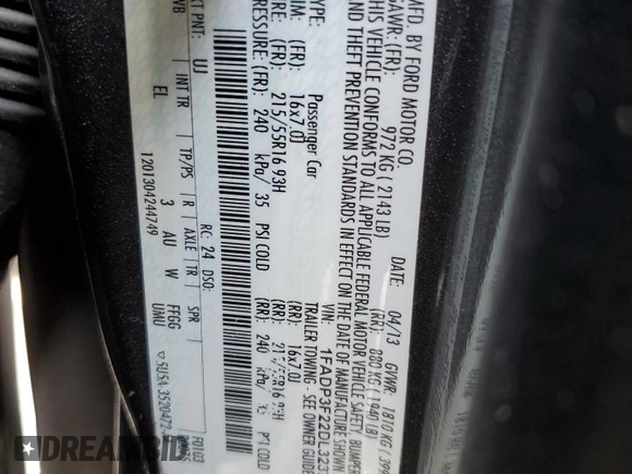 2013 Ford Focus SE with VIN 1FADP3F22DL323774, listed as a Copart auction lot 76548764 with Not Provided miles and Salvage Title. Bid and sale history available at carsss.com. Image 12.