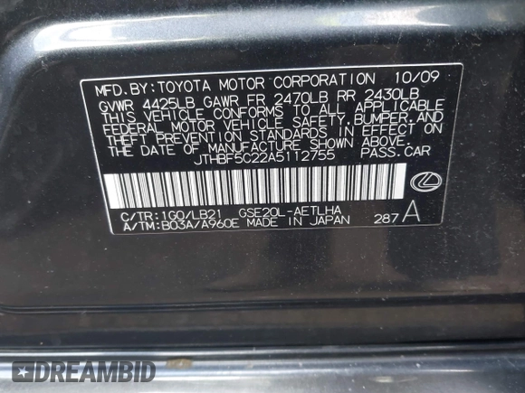 2010 Lexus IS with VIN JTHBF5C22A5112755, listed as a IAAI auction lot 41353230 with 262,814 mi miles and . Bid and sale history available at carsss.com. Image 9.