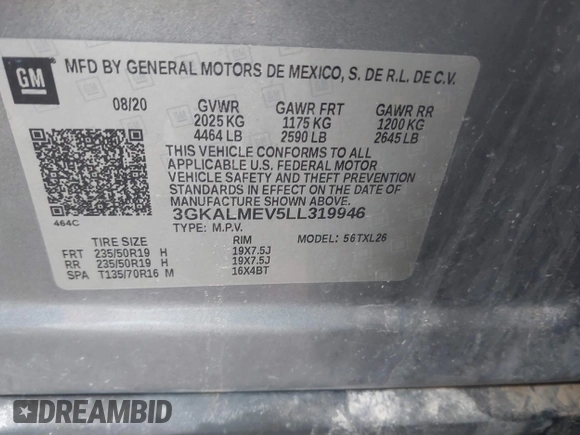 2020 GMC Terrain SLE with VIN 3GKALMEV5LL319946, listed as a IAAI auction lot 41952171 with 98,859 mi miles and . Bid and sale history available at DreamBid. Image 9.