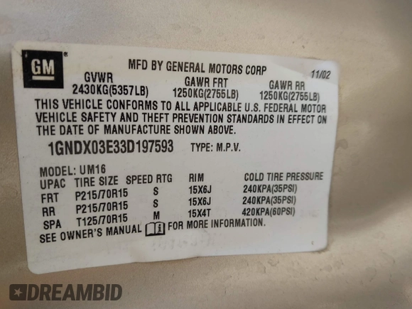 2003 Chevrolet Venture Y3G Mobility z VIN 1GNDX03E33D197593, wystawiony jako IAAI lot #41825664 z przebiegiem 119 513 mil mil oraz . Historia ofert i sprzedaży dostępna na DreamBid. Obrazek 9.