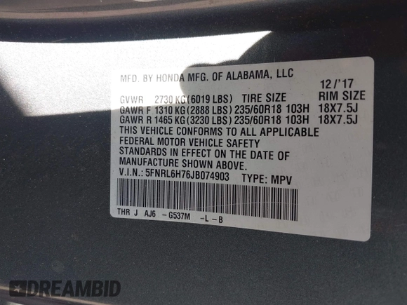 2018 Honda Odyssey EX-L with VIN 5FNRL6H76JB074903, listed as a IAAI auction lot 41834327 with 133,250 mi miles. Bid and sale history available at carsss.com. Image 9.