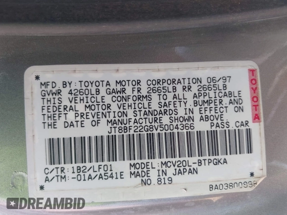 1997 Lexus ES 300 z VIN JT8BF22G8V5004366, wystawiony jako IAAI lot #42298289 z przebiegiem 376 934 mil mil oraz . Historia ofert i sprzedaży dostępna na DreamBid. Obrazek 9.