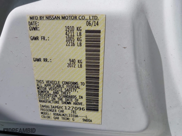 2015 Nissan Altima 2.5 S with VIN 1N4AL3AP6FC127096, listed as a IAAI auction lot 41954022 with 87,577 mi miles. Bid and sale history available at carsss.com. Image 9.