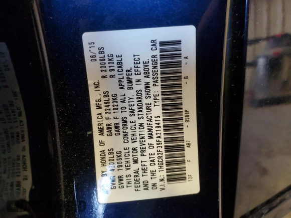 2015 Honda Accord LX with VIN 1HGCR2F39FA219415, listed as a Copart auction lot 53938215 with 125,992 mi miles and Salvage Title. Bid and sale history available at DreamBid. Image 12.