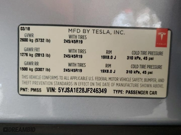 2018 Tesla Model S 75D with VIN 5YJSA1E28JF246349, listed as a Copart auction lot 79475314 with 95,077 mi miles and Salvage Title. Bid and sale history available at carsss.com. Image 13.