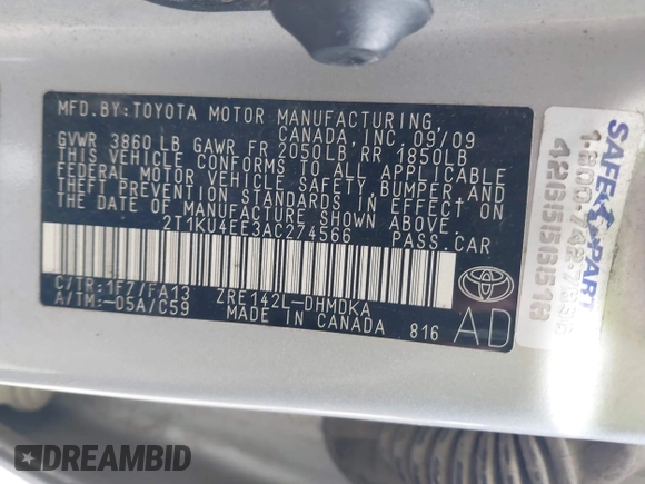 2010 Toyota Matrix z VIN 2T1KU4EE3AC274566, wystawiony jako IAAI lot #42201701 z przebiegiem 107 108 mil mil oraz . Historia ofert i sprzedaży dostępna na DreamBid. Obrazek 9.