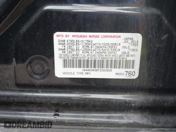 2015 Mitsubishi Outlander SE with VIN JA4AD3A36FZ002806, listed as a IAAI auction lot 42516137 with Not provided miles and . Bid and sale history available at DreamBid. Image 9.