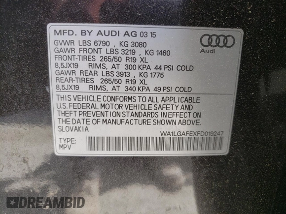 2015 Audi Q7 Premium Plus with VIN WA1LGAFEXFD019247, listed as a Copart auction lot 56063245 with 183,825 mi miles and Clean Title. Bid and sale history available at DreamBid. Image 13.