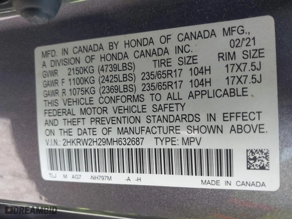 2021 Honda CR-V LX with VIN 2HKRW2H29MH632687, listed as a IAAI auction lot 41876112 with 105,301 mi miles. Bid and sale history available at carsss.com. Image 9.