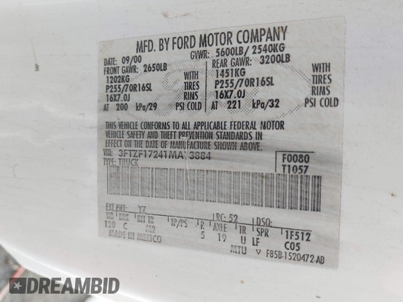 2001 Ford F-150 XL with VIN 3FTZF17241MA13884, listed as a IAAI auction lot 41406411 with Not provided miles and . Bid and sale history available at DreamBid. Image 9.