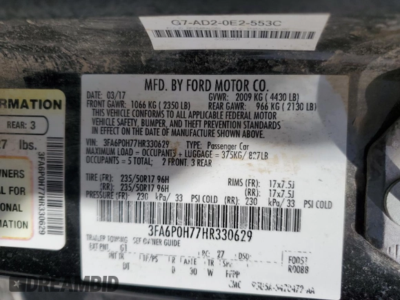 2017 Ford Fusion SE with VIN 3FA6P0H77HR330629, listed as a Copart auction lot 49068425 with 191,394 mi miles and Salvage Title. Bid and sale history available at DreamBid. Image 14.