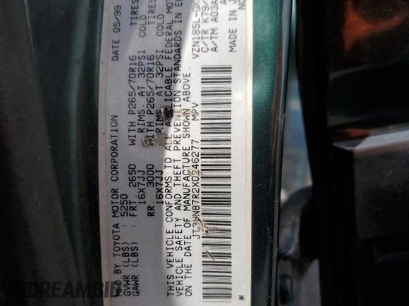 1999 Toyota 4Runner Limited z VIN JT3HN87R2X0246277, wystawiony jako Copart lot #59395245 z przebiegiem 301 405 mil mil oraz Nie do naprawy • Non repairable. Historia ofert i sprzedaży dostępna na DreamBid. Obrazek 15.